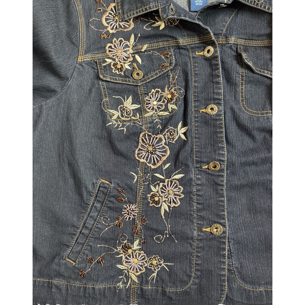 AVENUE JEANS Beaded Embroidered Denim Jacket 1X 18/20 Blue Button Front 4 Pocket - Picture 7 of 11